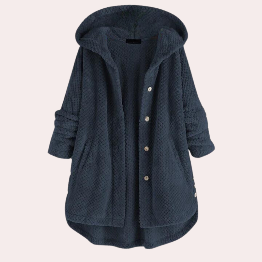 Women's relaxed-fit fleece jacket in neutral tone with hood and button closure for cozy fall style
