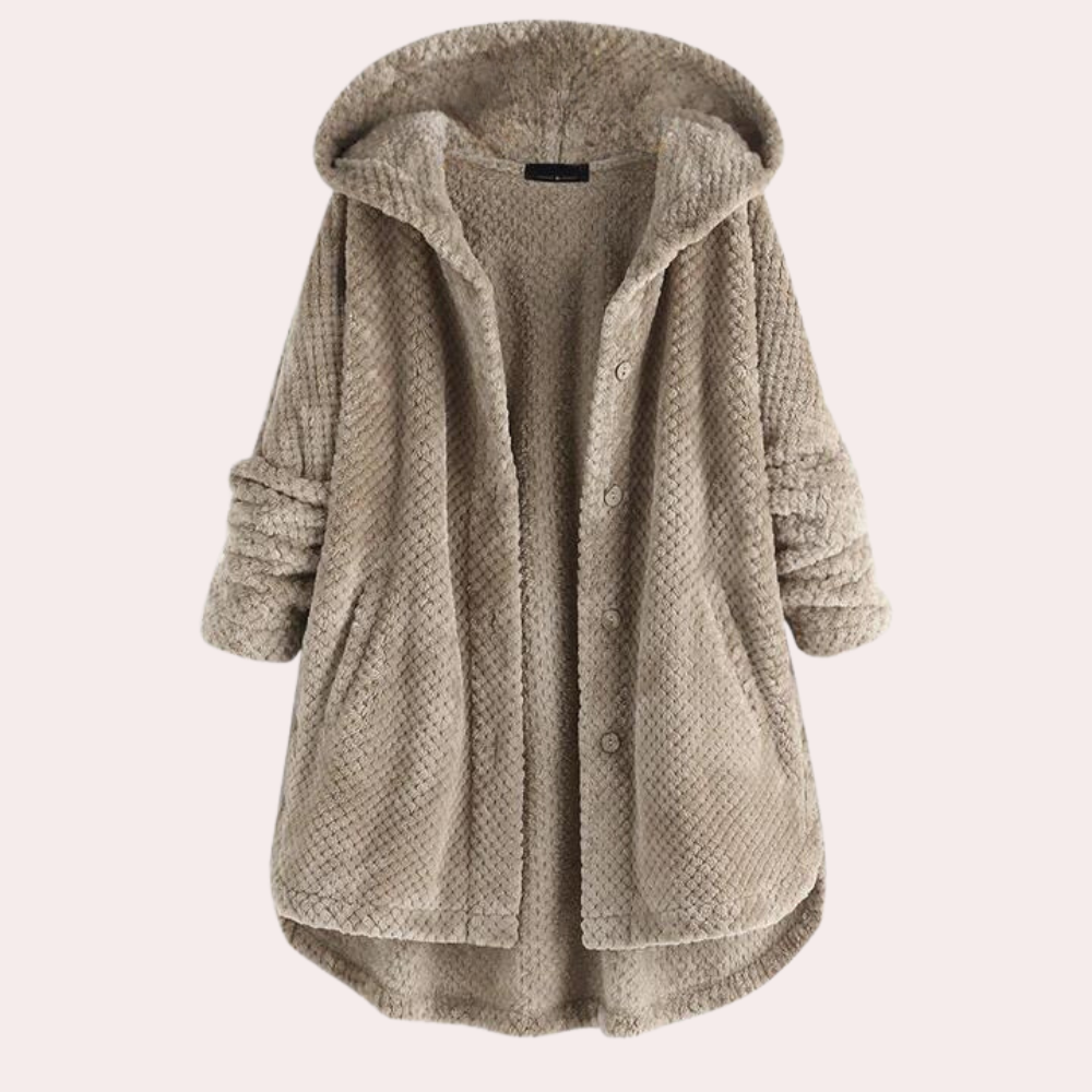 Women's soft fleece jacket relaxed fit with hood and button closure, warm cozy layer for fall