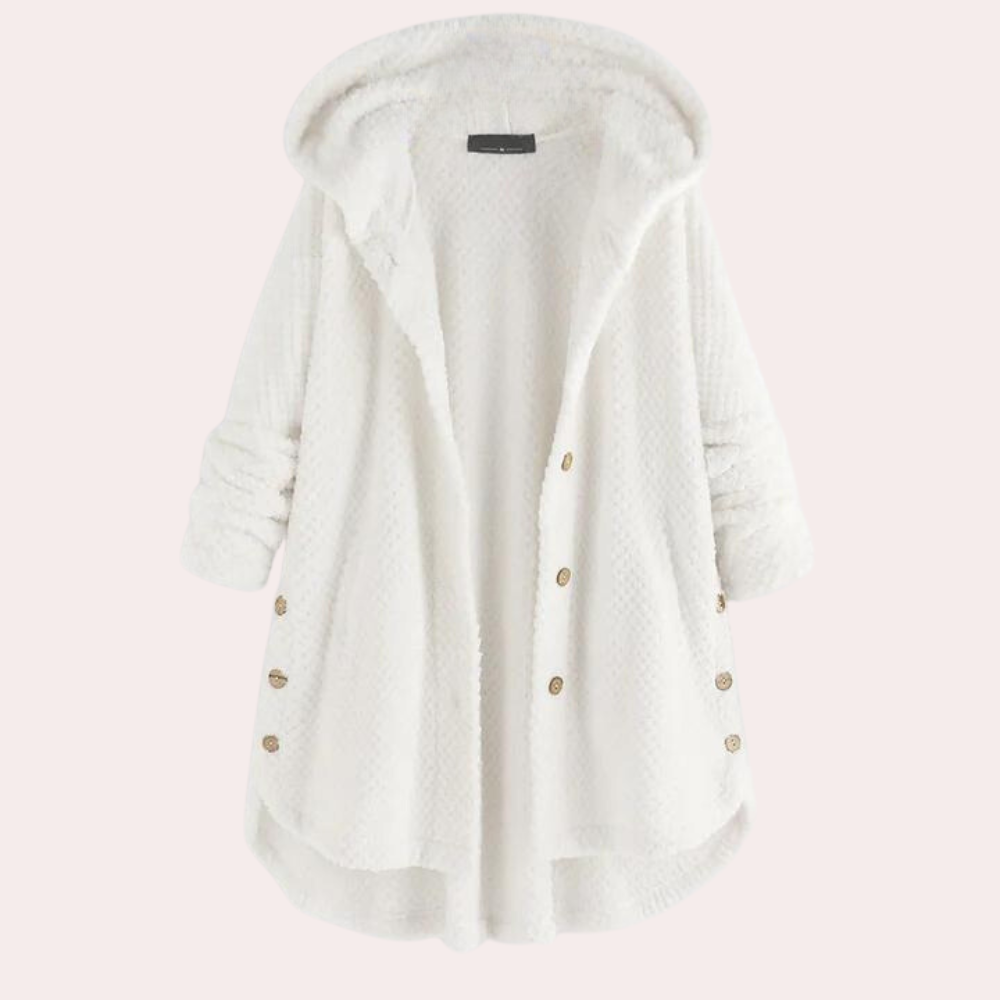 Women's relaxed-fit fleece jacket with hood and button closure, soft acrylic-cotton blend