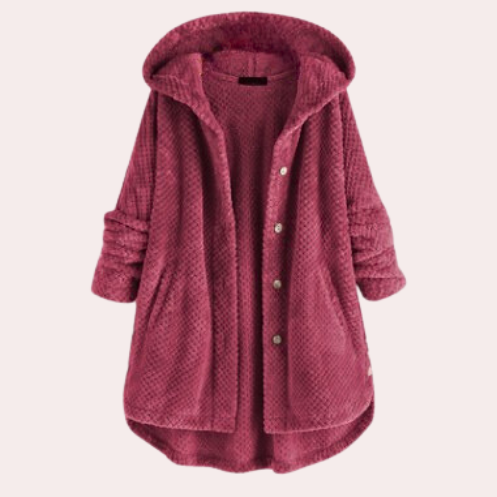 Women's relaxed-fit fleece jacket in neutral tone with hood and button closure for cozy fall wear
