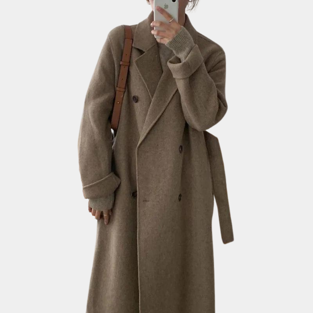Women's knee-length wool blend coat, double-breasted classic cut, timeless elegant style