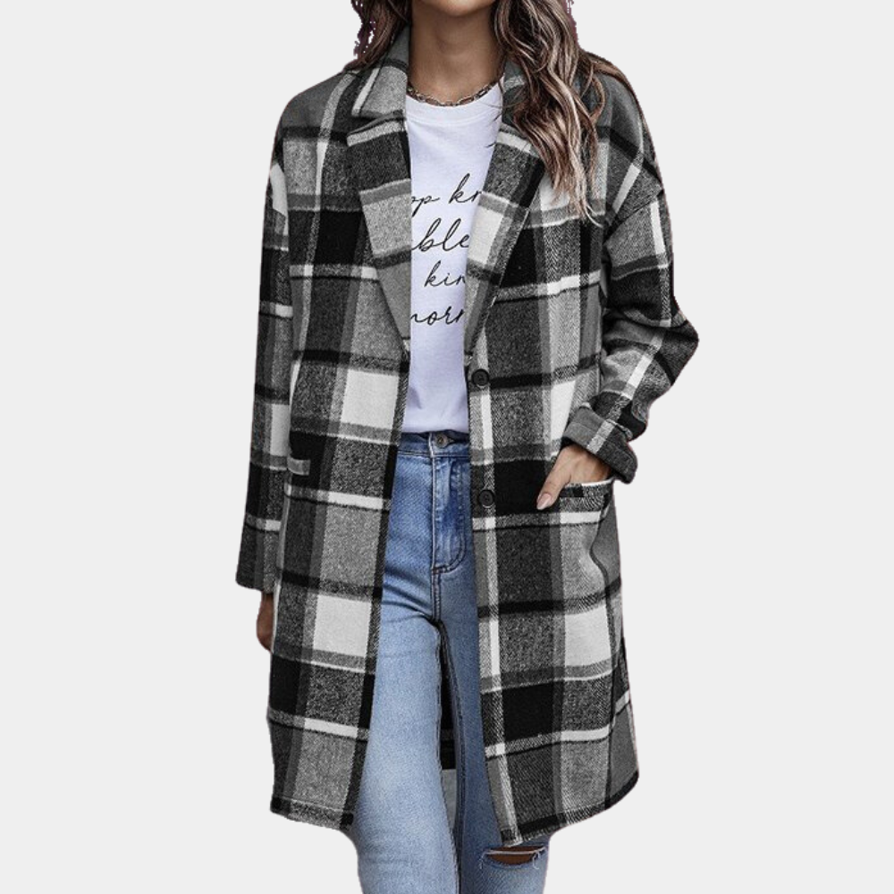 Women's wool blend checkered relaxed fit knee-length coat in classic fall winter pattern