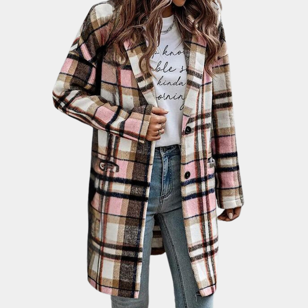 Women's wool blend checkered relaxed fit knee-length coat with timeless fall winter style