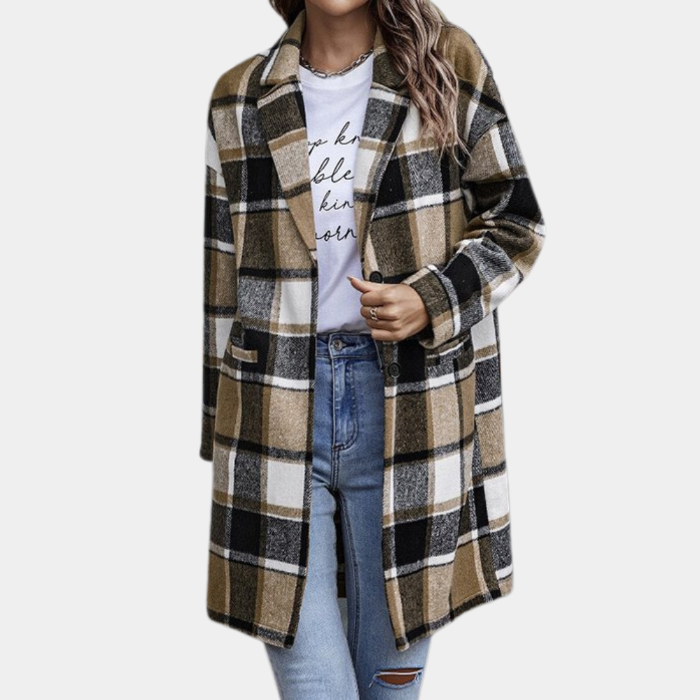 Women's relaxed fit knee-length wool blend checkered coat in classic fall winter pattern