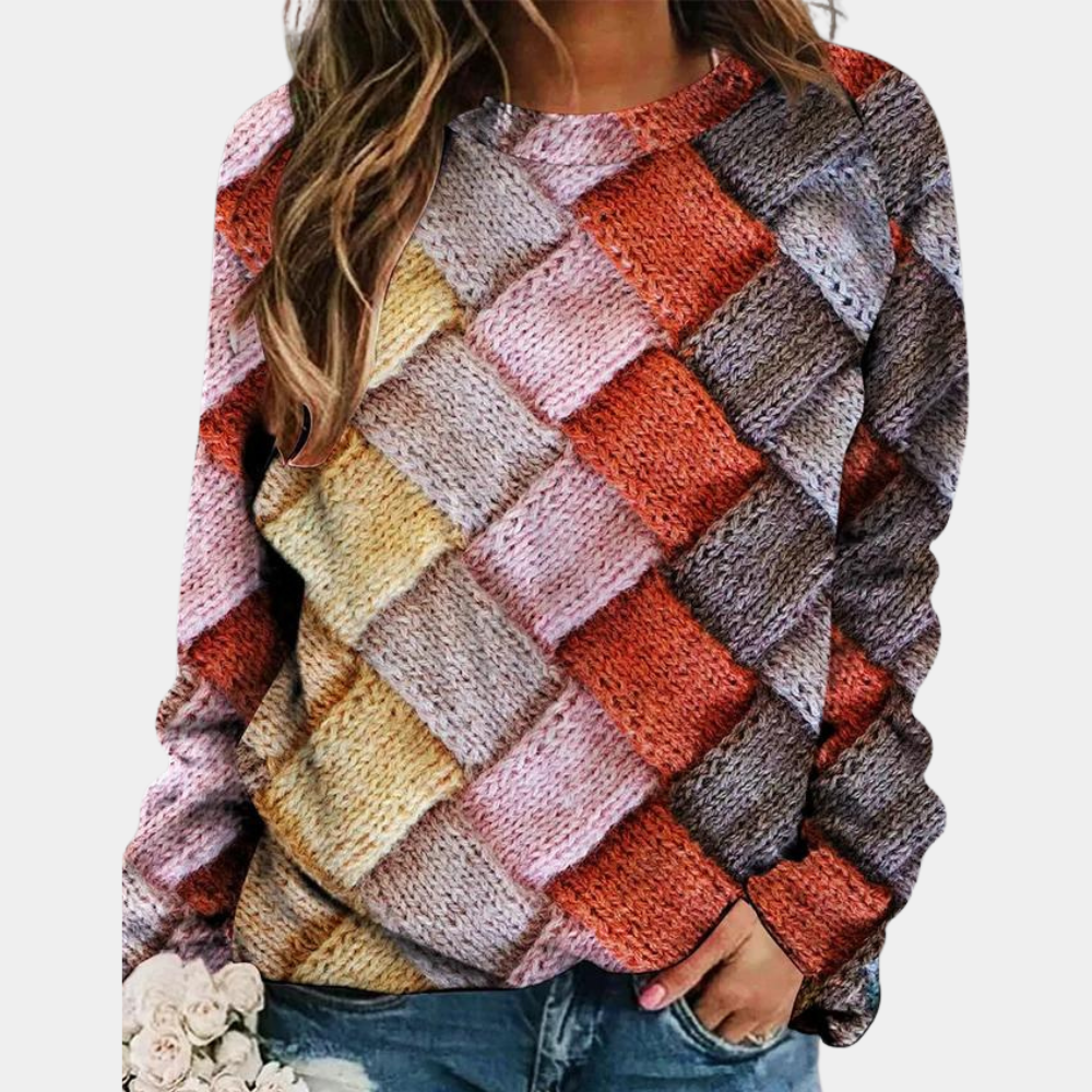 Women's cream chunky knit crew neck sweater with relaxed fit and plush thick yarn texture