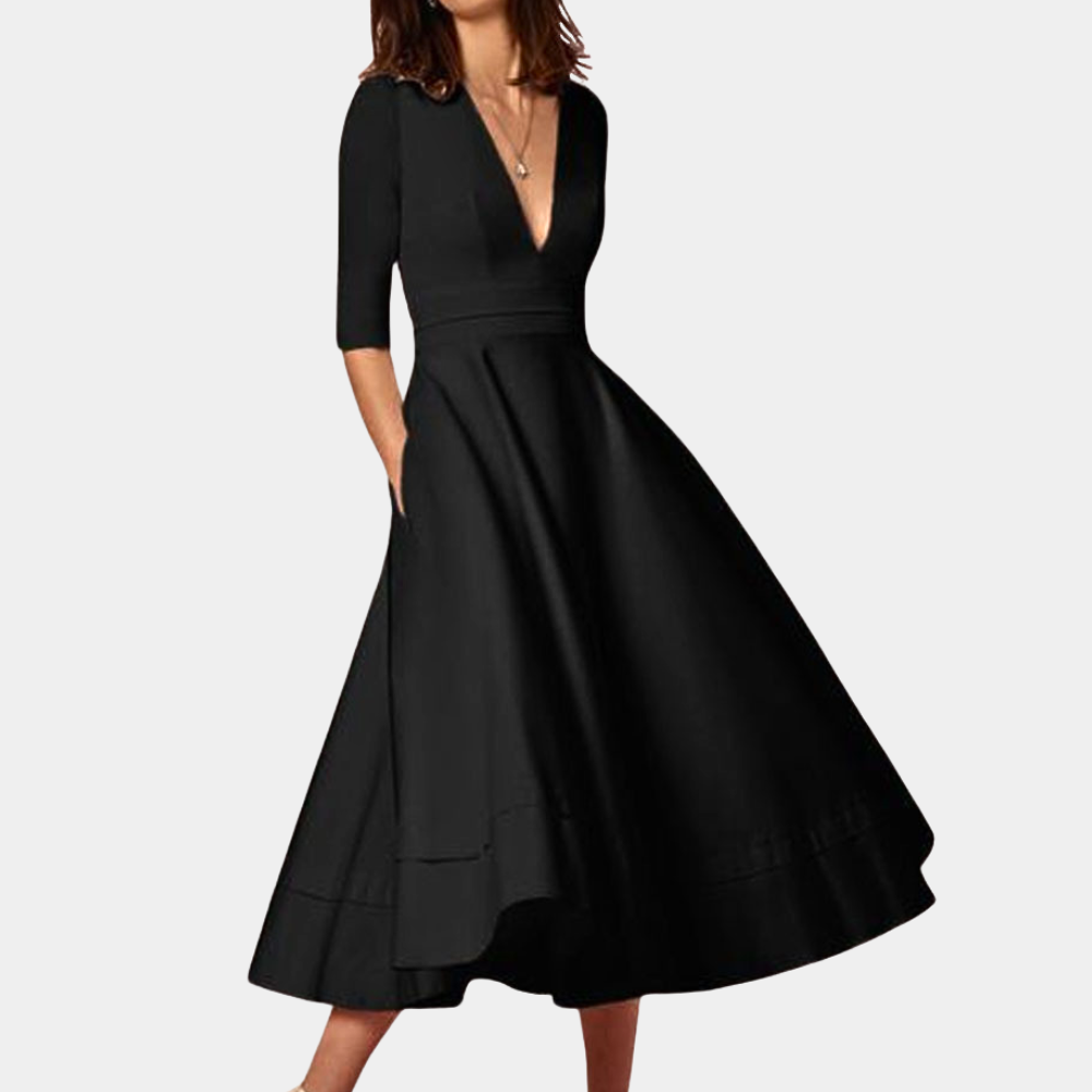 Women's elegant midi dress in A-line cut with graceful flared skirt for understated feminine sophistication