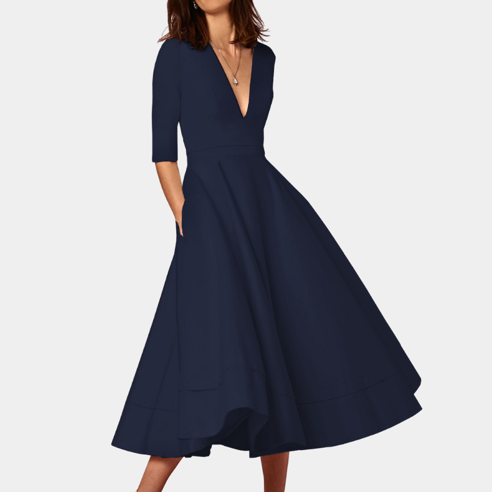 Women's elegant A-line midi dress in timeless silhouette with flattering flared skirt for effortless style