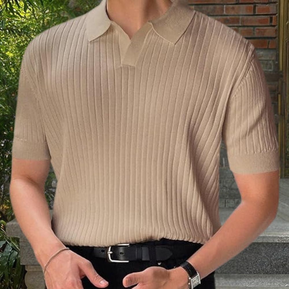 Men's slim fit ribbed polo shirt short sleeve classic collar smart casual cotton knit