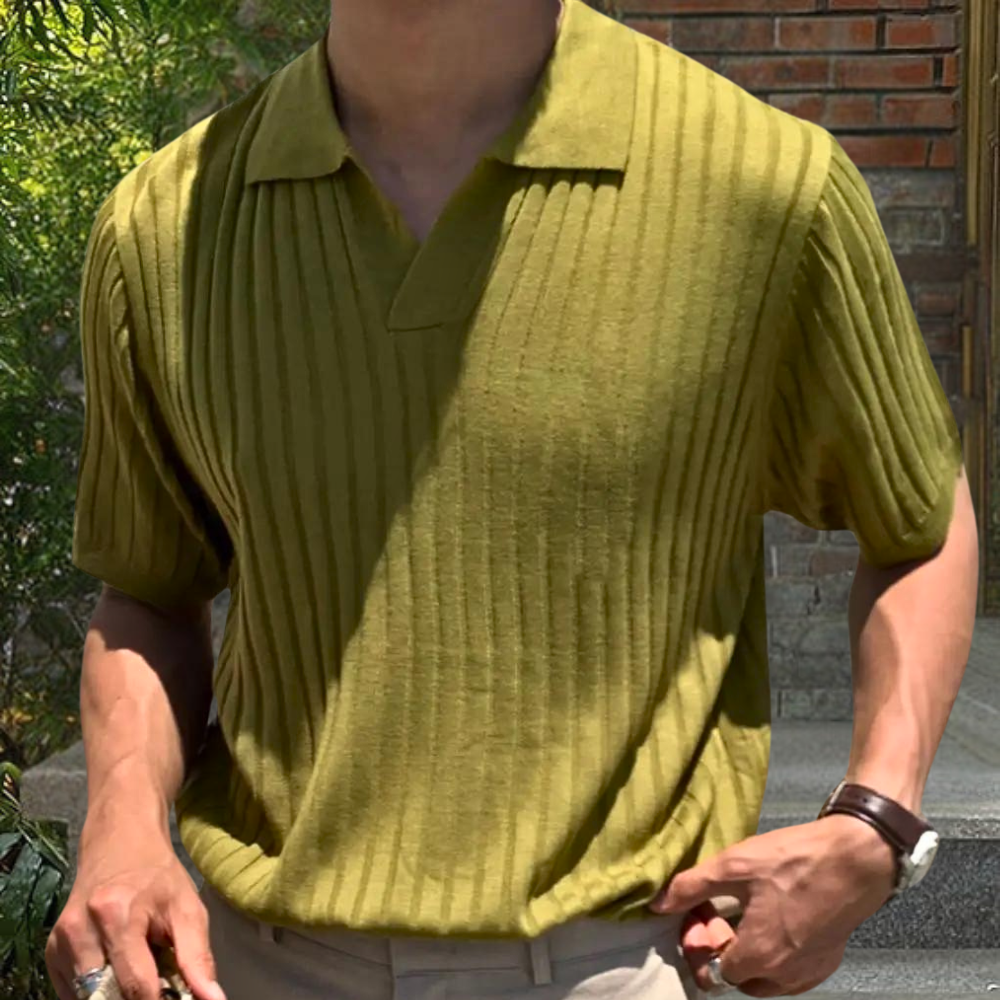 Men's slim fit ribbed polo shirt short sleeve classic collar smart casual style