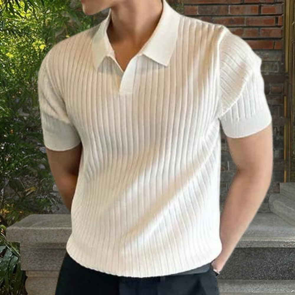 Men's slim fit ribbed polo shirt short sleeve classic collar smart casual style