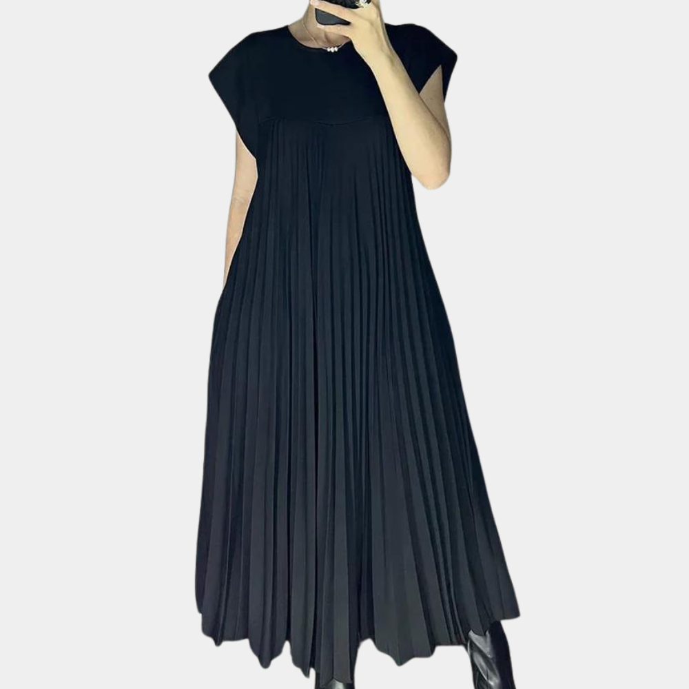 Women's elegant maxi dress pleated airy silhouette round neck short sleeves lightweight breathable fabric