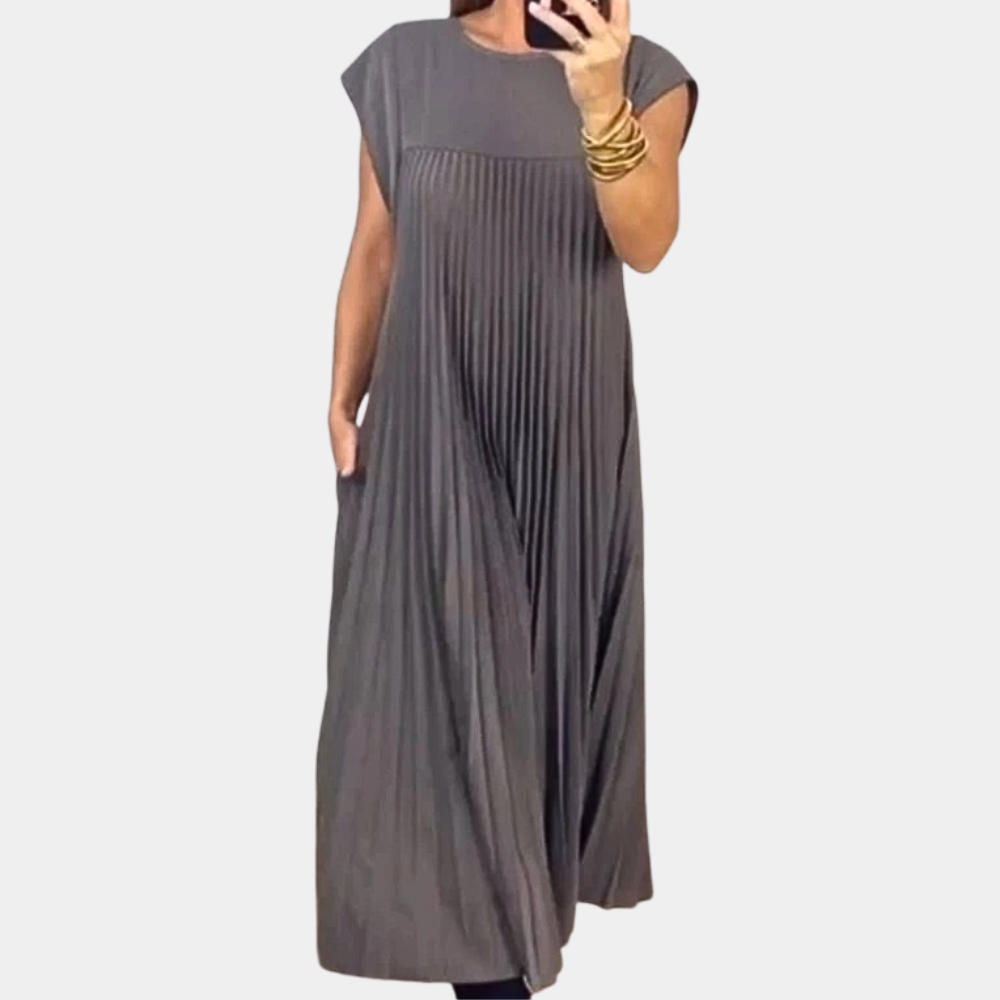Women's pleated maxi dress round neck short sleeves elegant airy silhouette lightweight fabric