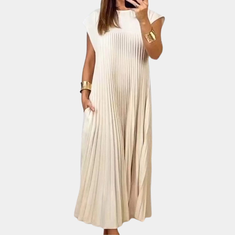 Women's pleated maxi dress round neck short sleeves elegant airy silhouette lightweight fabric