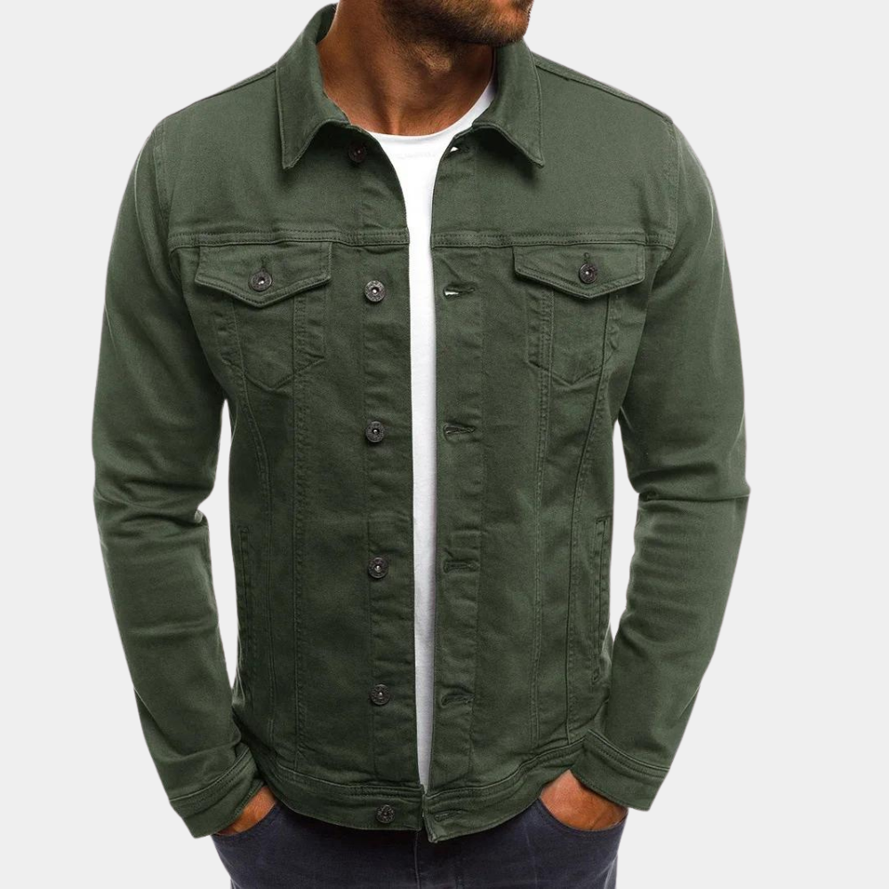 Men's blue denim jacket classic fit with button closure and functional chest pockets long sleeve