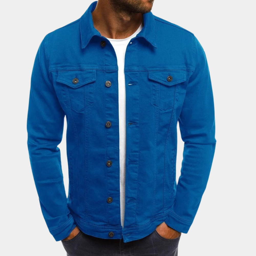 Men's blue denim jacket classic fit long sleeve with button closure and chest pockets by Wavlynn