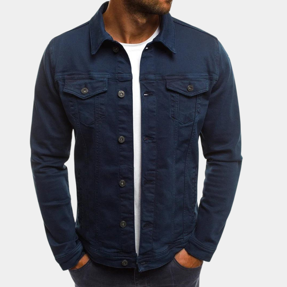 Men's blue denim jacket classic fit with button closure and functional chest pockets