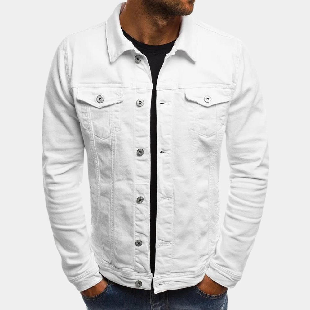 Men's blue denim jacket classic fit with button closure and chest pockets by Wavlynn