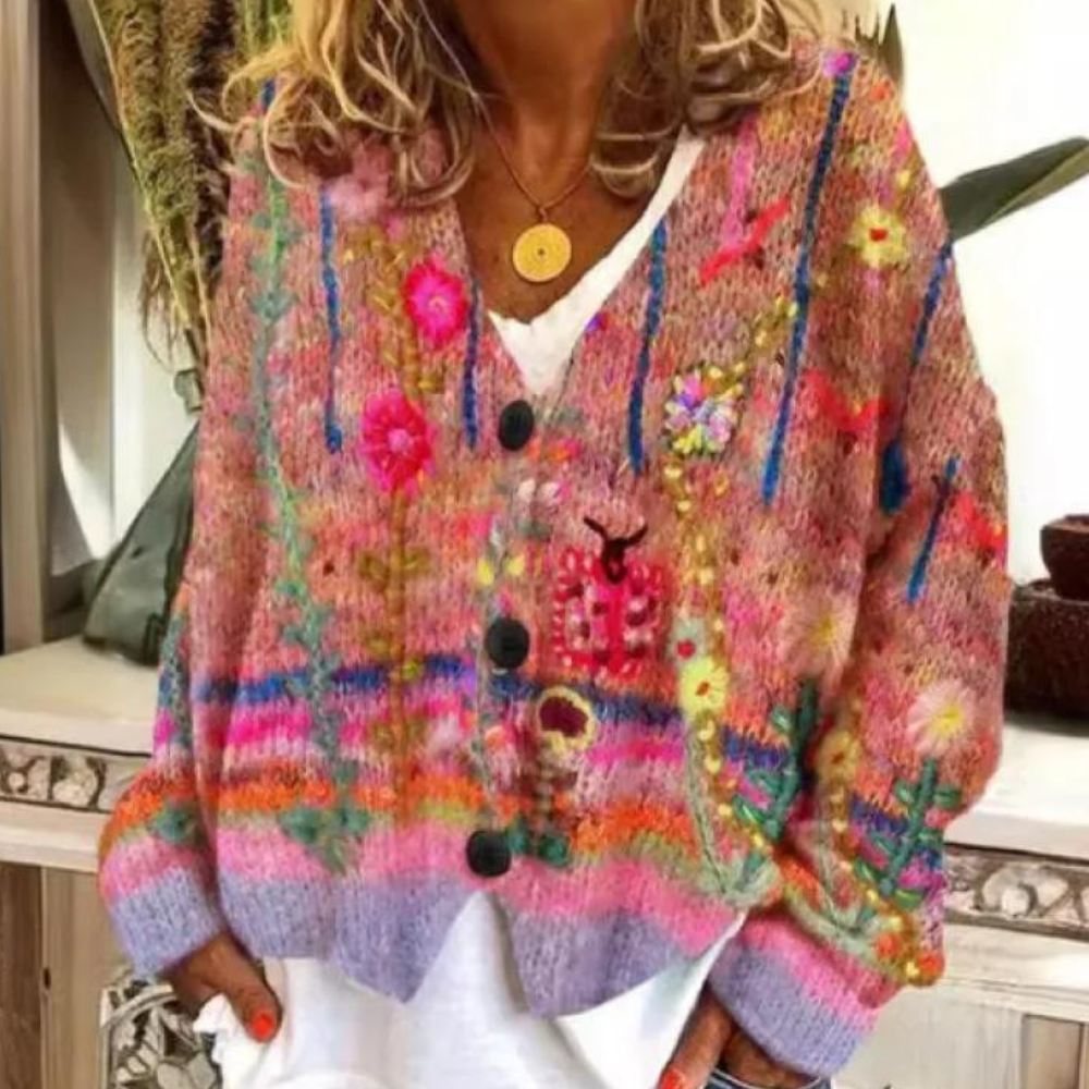 Women's oversized floral knit cardigan with V-neck button closure, bohemian relaxed silhouette