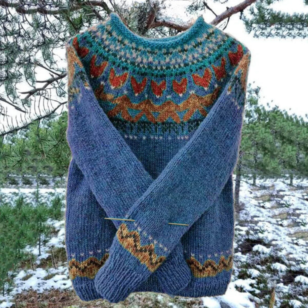 Women's Nordic knit sweater cozy comfort fit with vintage patterned texture by Wavlynn