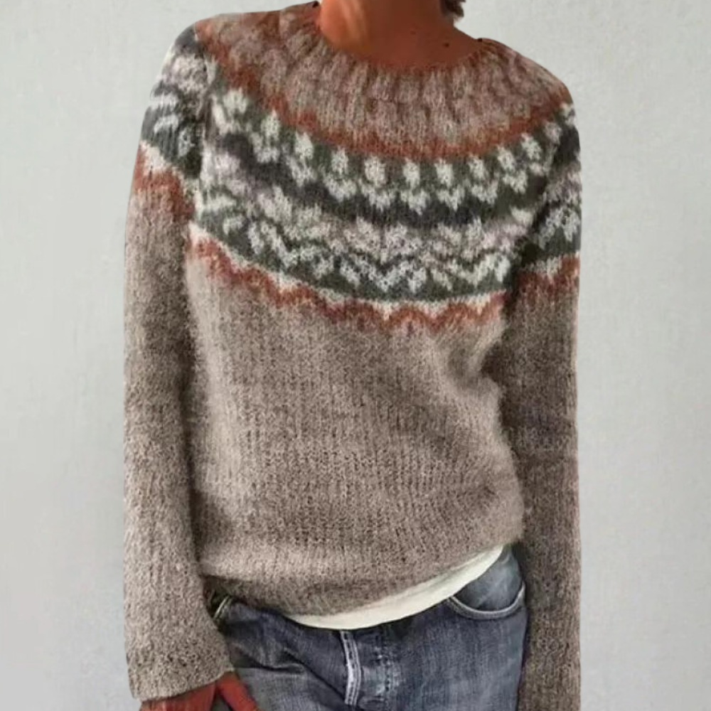 Women's Nordic pattern knit sweater cozy comfort fit with textured vintage-inspired design