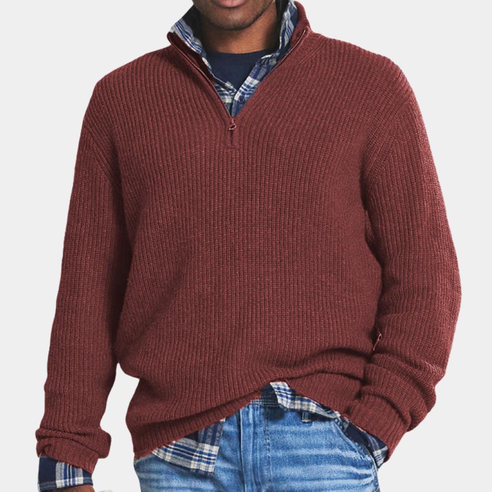 Navy blue men's relaxed fit ribbed knit sweater with half zip and stand collar