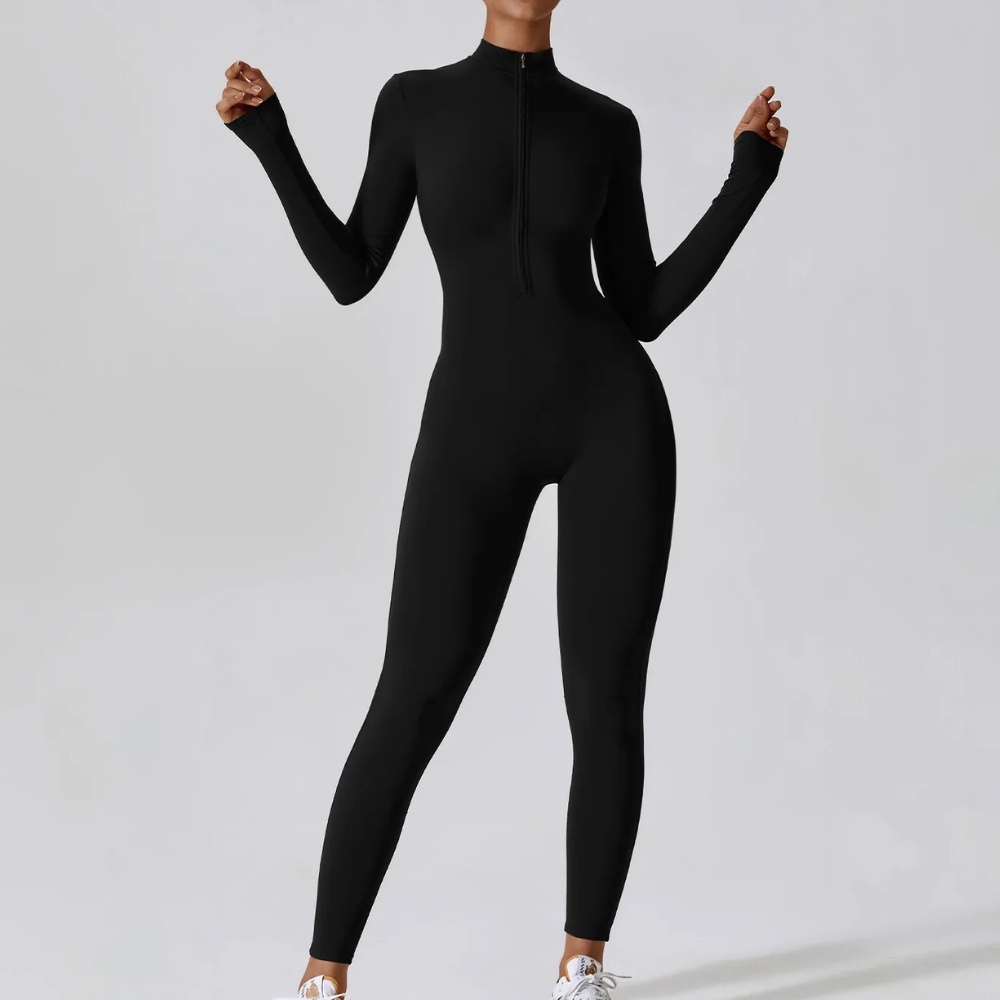 Women's long-sleeve black stretchable yoga jumpsuit with breathable fabric and slim athletic fit