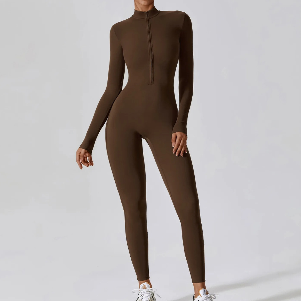 Women's long-sleeve black stretch jumpsuit, breathable yoga bodysuit with slim athletic fit