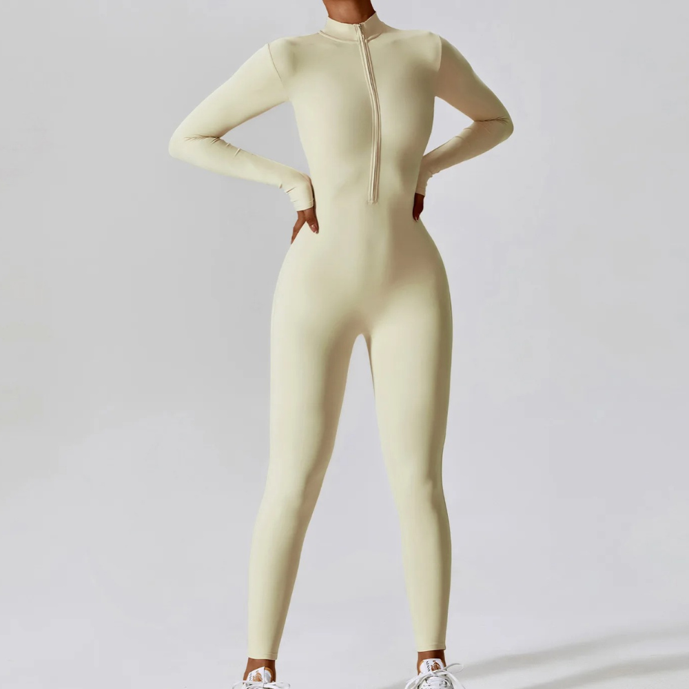 Women's black long-sleeve stretchable jumpsuit with breathable fabric for yoga and training