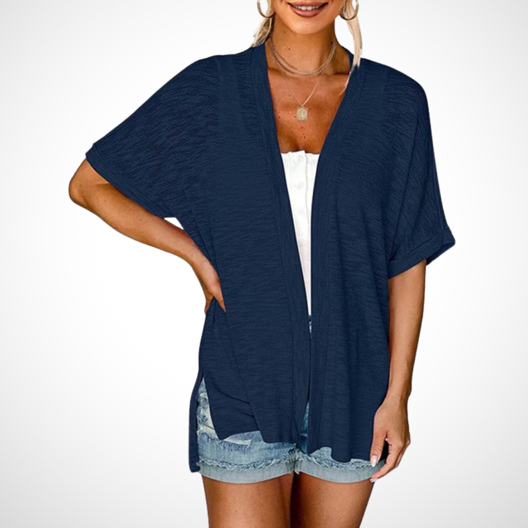 Flowy short sleeve cardigan lightweight elegant drape silhouette versatile layering piece