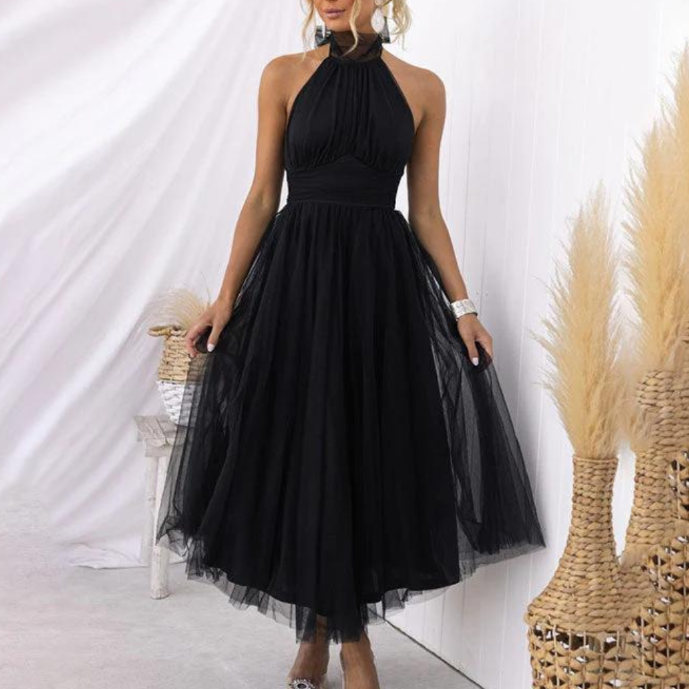 Women's light chiffon halterneck midi dress, flowy elegant silhouette for parties and weddings
