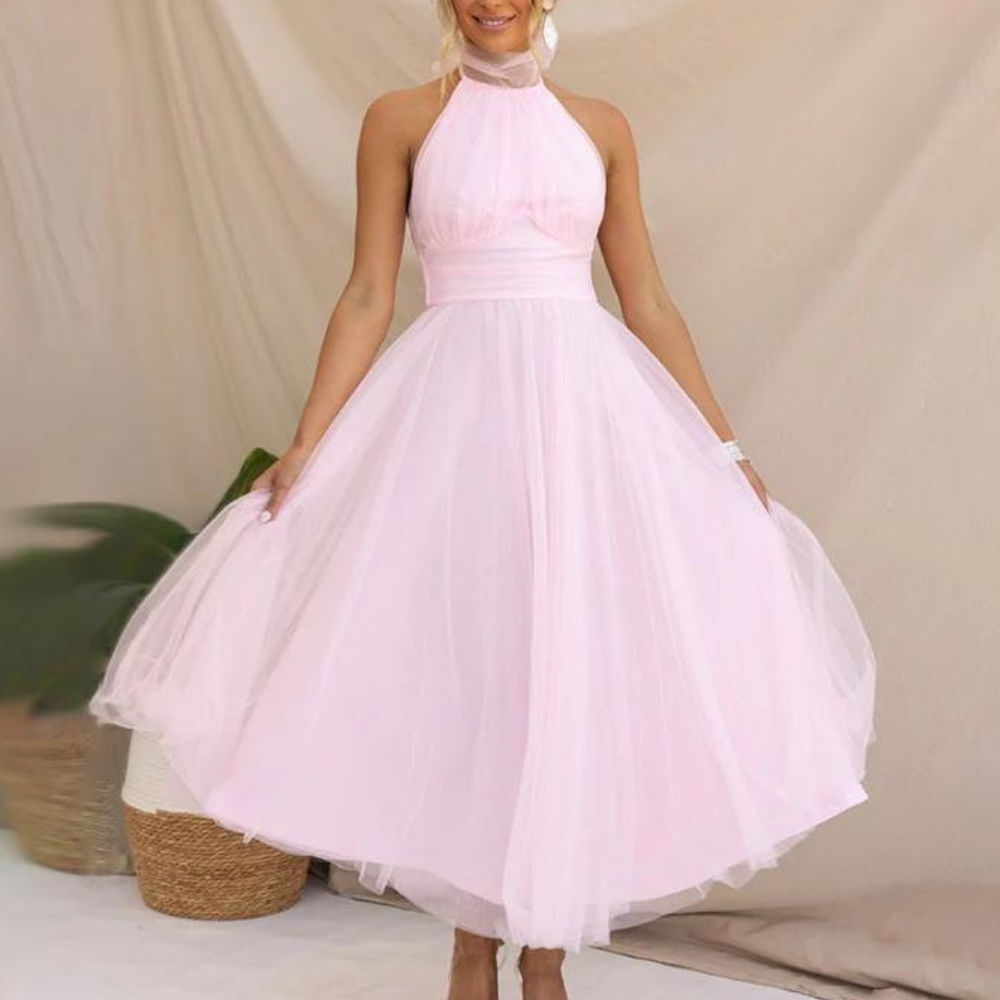 Women's chiffon halterneck midi dress, light flowy silhouette in elegant party style