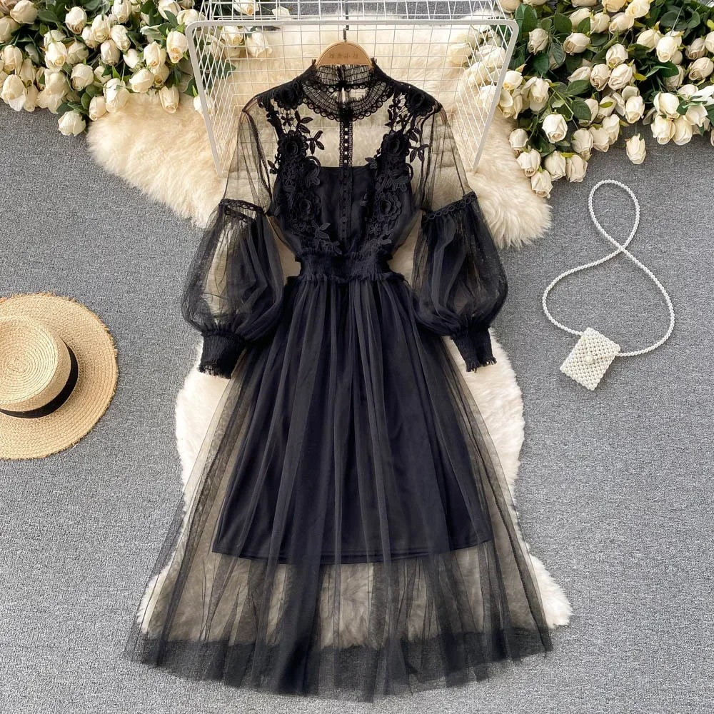 White lace women's dress high collar puff sleeves embroidered details romantic tulle skirt