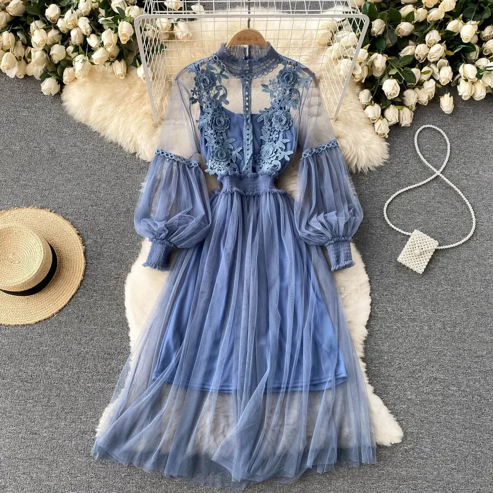 White lace embroidered women's dress high collar puff sleeves tulle skirt elegant feminine