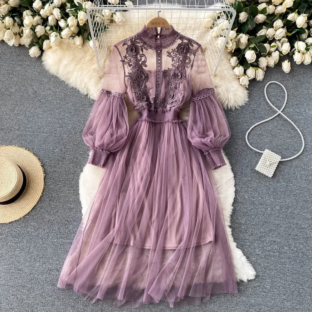 White lace embroidered women's dress high collar puff sleeves romantic tulle skirt bridal style