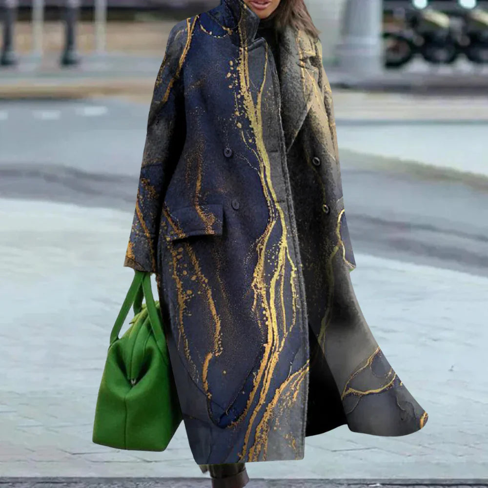 Women's oversized full-length wool blend overcoat with abstract pattern and button front closure