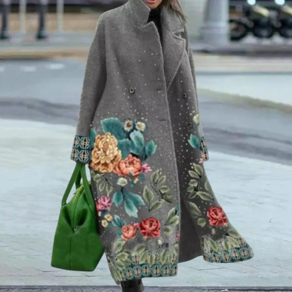 Women's wool blend oversized full-length overcoat with bold abstract pattern and button front closure
