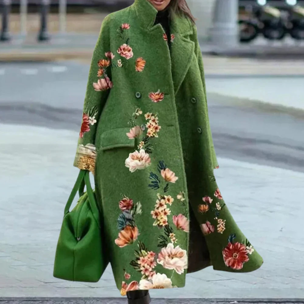 Women's oversized full-length wool blend overcoat with abstract pattern and button front closure