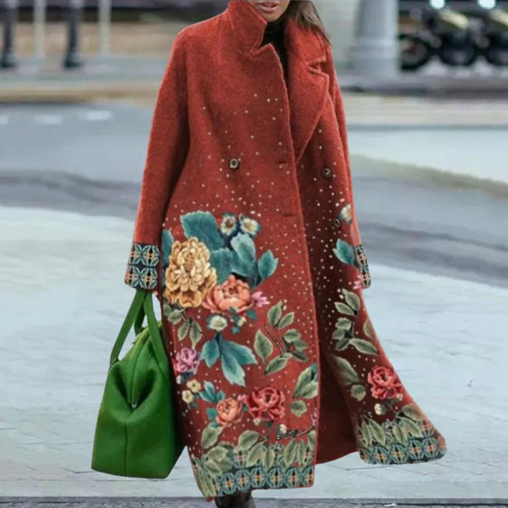 Women's oversized full-length wool blend overcoat in abstract pattern with button front closure