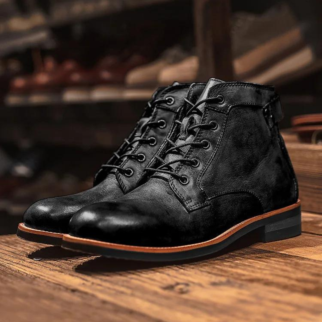 Men's brown vegan leather lace-up boots classic round toe sturdy sole metal eyelets