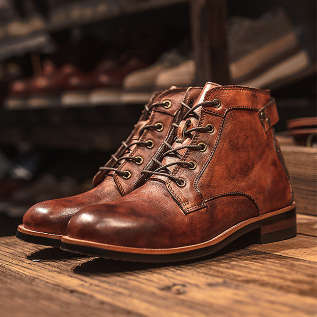 Men's brown vegan leather lace-up boots classic round toe sturdy sole metal eyelets