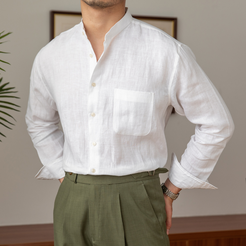 Men's relaxed fit linen blend shirt with mandarin collar, breathable long sleeve casual style