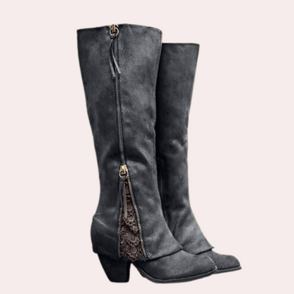 Women's faux suede knee-high boots with block heel, round toe, and feminine lace detail