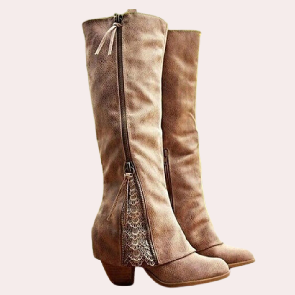 Women's faux suede knee-high boots with block heel, round toe, and delicate lace detail