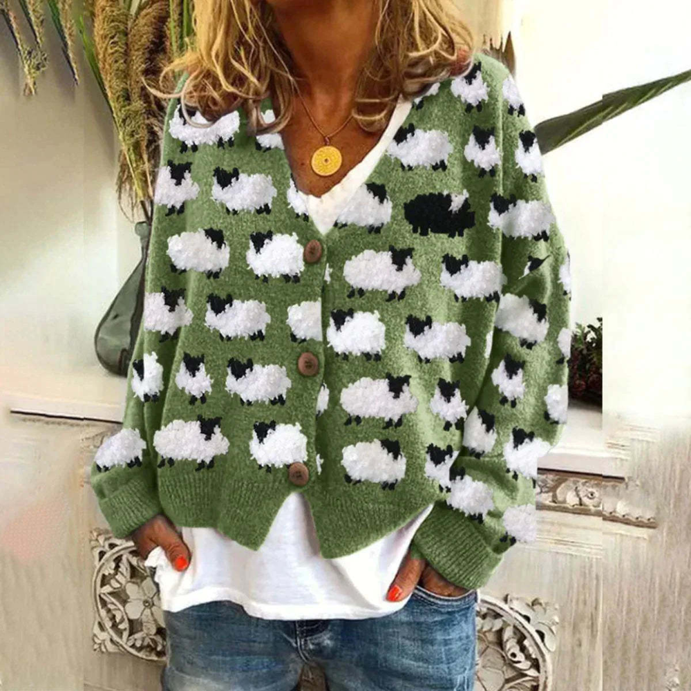 Women's cream relaxed-fit V-neck knit cardigan with button closure and playful sheep motif
