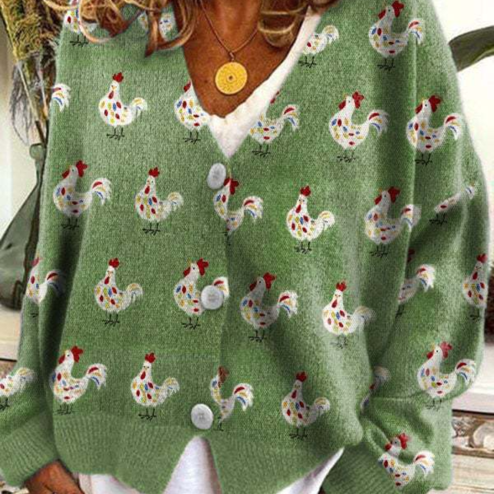 Women's relaxed fit V-neck knit cardigan with button closure and playful sheep motif pattern