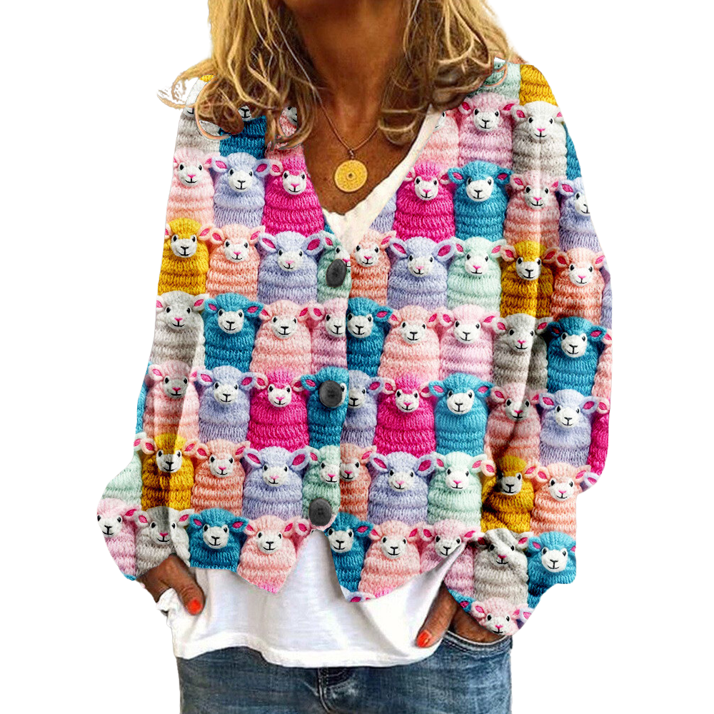 Women's relaxed fit V-neck knit cardigan with button closure and playful sheep motif pattern