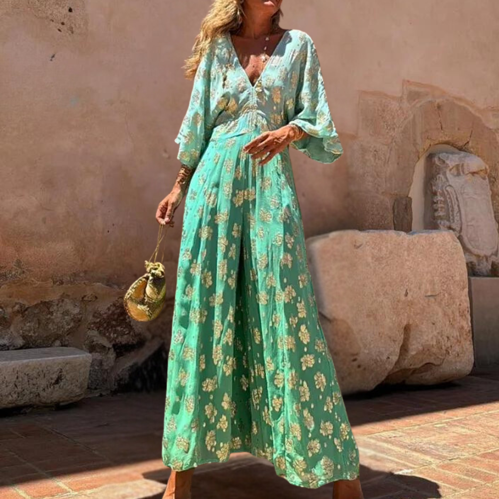 Women's loose fit maxi dress with V-neck and kimono sleeves, lightweight elegant vacation style