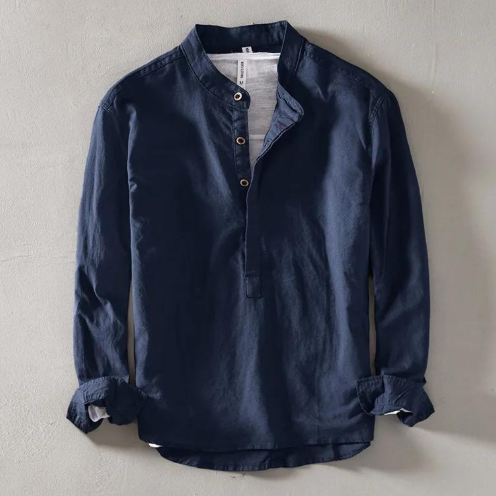 Men's beige cotton linen Henley shirt long sleeve mandarin collar breathable lightweight blend