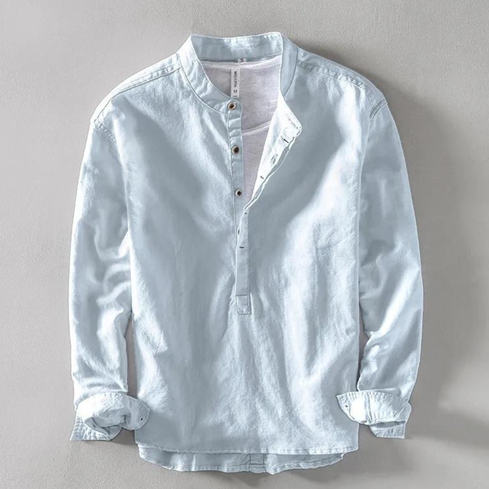 Men's beige cotton linen Henley shirt, long sleeve, mandarin collar, breathable textured blend