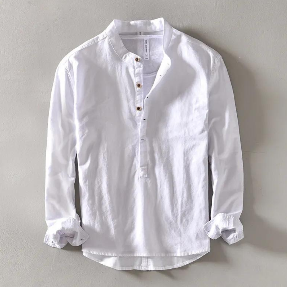 Men's beige linen-cotton Henley shirt, mandarin collar, long sleeve, breathable textured fabric